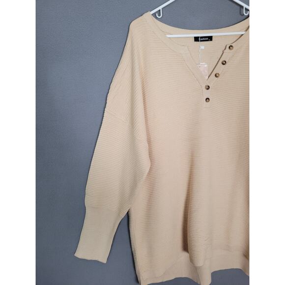Womens Waffle Knit Sweatshirt Casual Loose Long Sleeve Henley Button V Neck XL - Picture 6 of 10